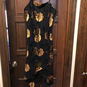 Eva Blue black and gold floral midi dress with sequence and beading.